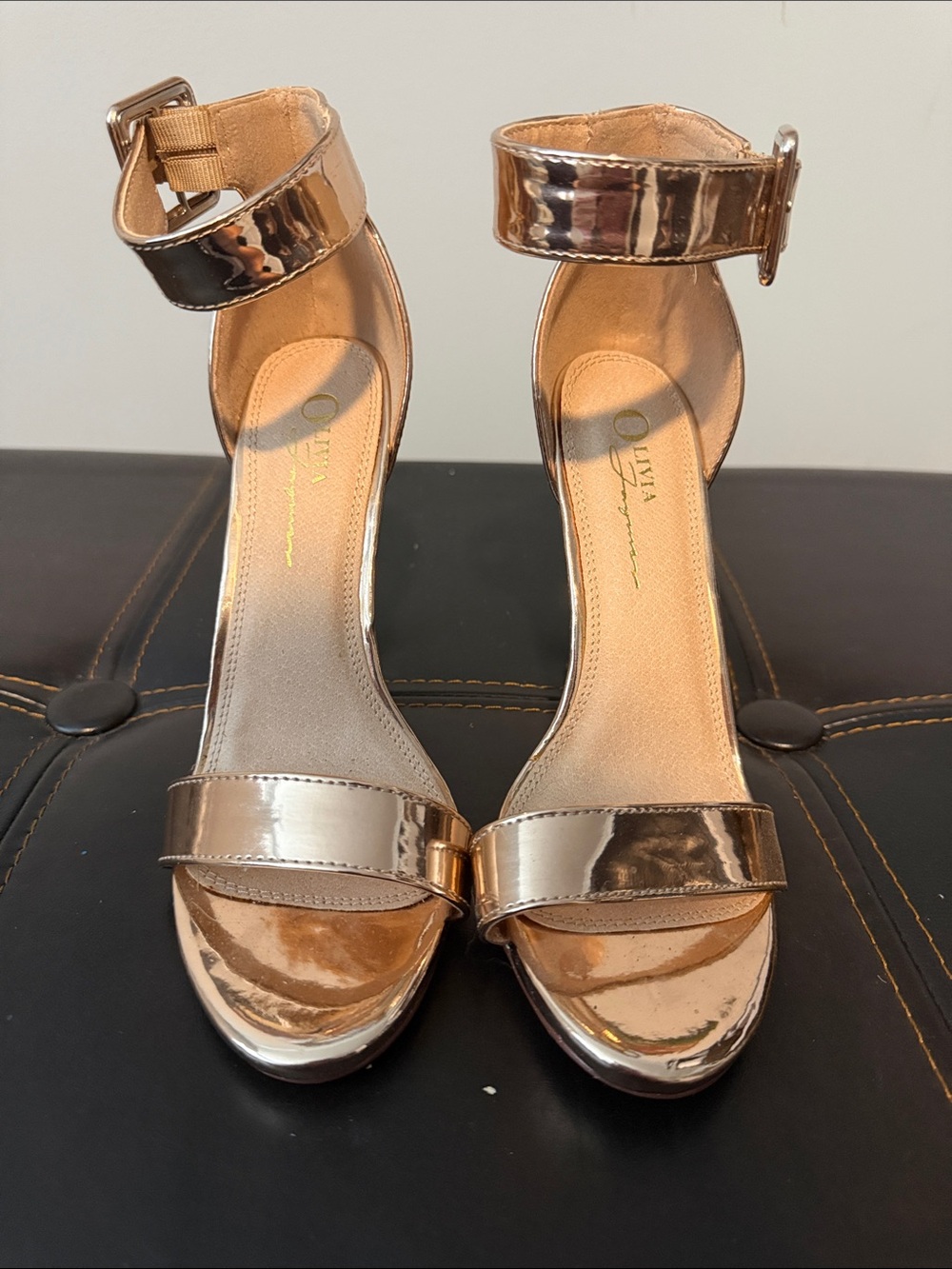 Olivia Miller Metallic Rose Gold Ankle-Strap Block Heels